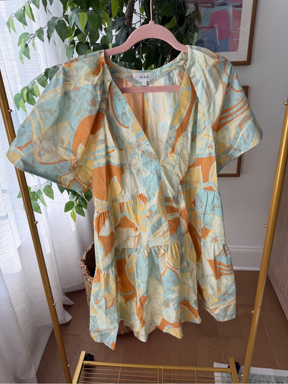 A.L.C. Pastel Mint & Orange V-Neck Tiered Mini Dress